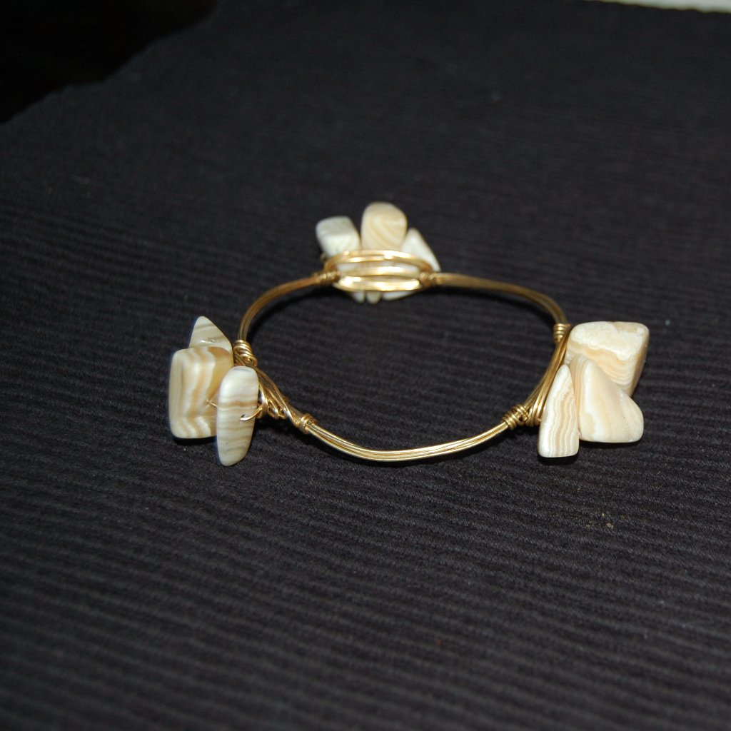 Hand Made Wired Bracelet With 3 Clusters Of White/Beige Rustic Stones